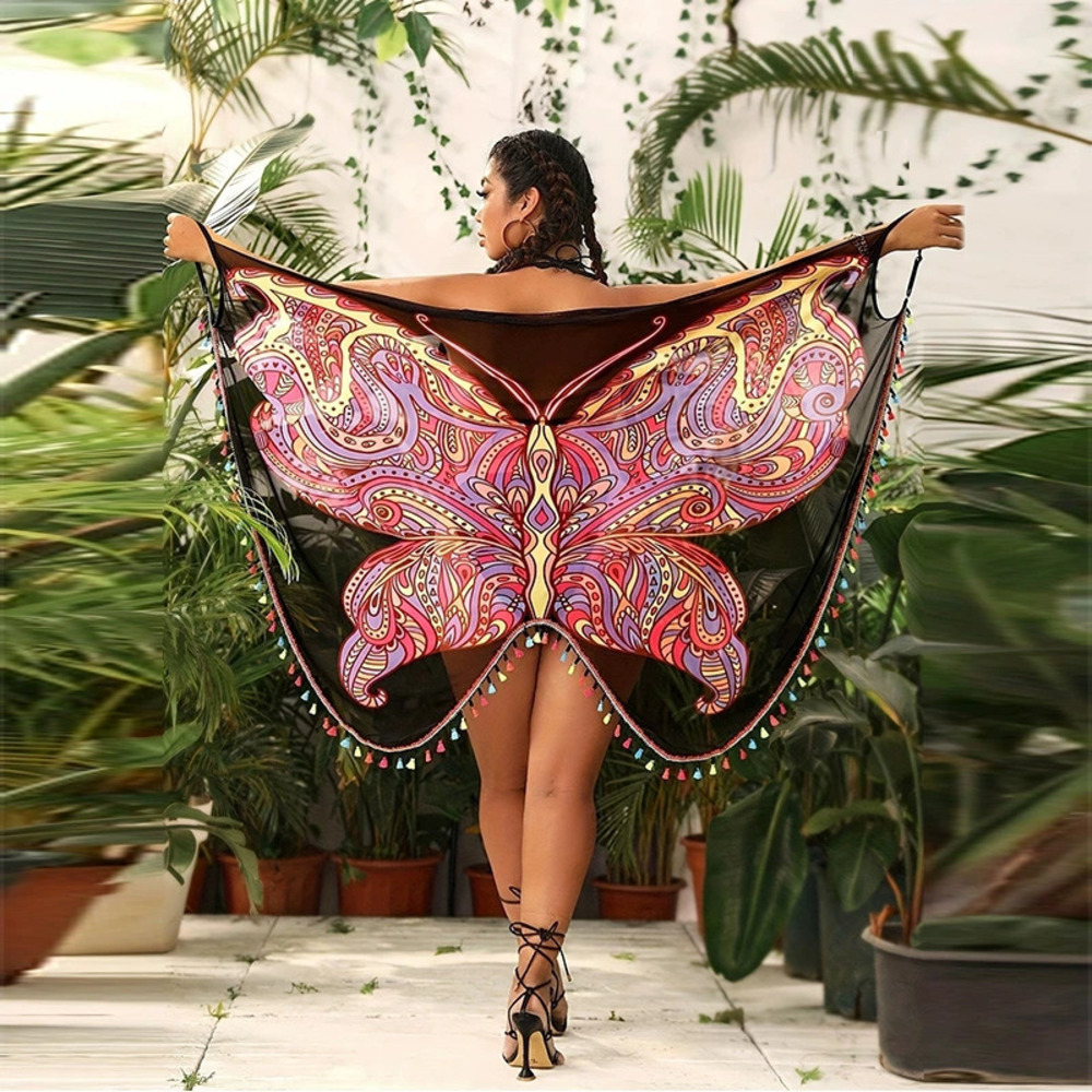 ZARA Butterfly Printed Mesh Beach Wrap Skirt Cape Cover Up Halloween